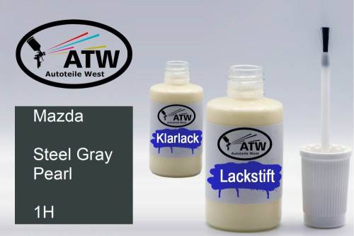 Mazda, Steel Gray Pearl, 1H: 20ml Lackstift + 20ml Klarlack - Set, von ATW Autoteile West.